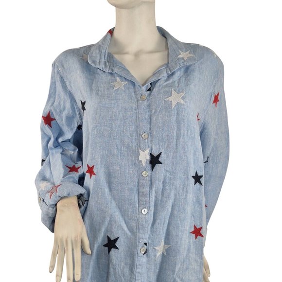 John Mark Women's Size 2X Linen Shirt Top 4th of July Star Embroidered Blue (42) - Picture 1 of 13